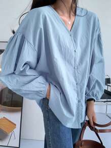 DAZY Women Fashionable Loose All-Match Solid Color Shirt For Everyday Wear,Fall Clothes Long Sleeve Top - Blue - View 4