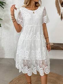 Breezaya Váy hở vai ren cắt xẻ giữa bắp chân cho kỳ nghỉ giản dị dành cho nữ - trắng - Xem 6