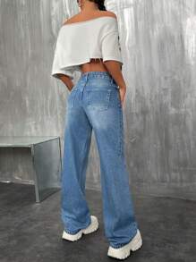 EURMUSE Jeans droits à taille basse minimaliste lavé décontracté - Jean bleu - Voir 2