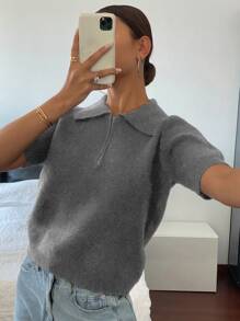 Livesso Áo len dệt kim cổ polo tay ngắn ôm sát có khóa kéo cho nữ, màu trơn thường ngày, trang phục mùa thu - Xám - Xem 3
