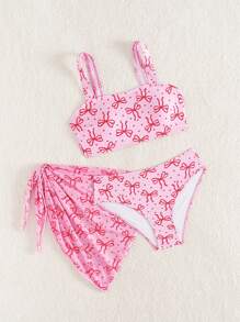 3pcs/Set Tween Girls Bowknot Print Camisole Top And Swim Bottom Tankini Swimwear Set - Multicolor - View 6