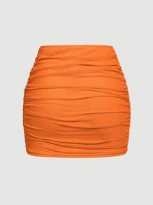 SHEIN MOD Minifalda sensual y transparente de unicolor, de doble capa de malla y ajustada, para el verano - Naranja - Ver 2