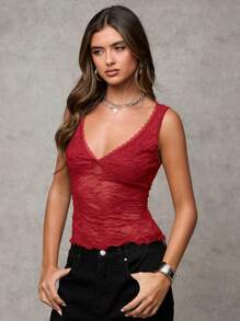 SHEIN BAE Women's Sexy Solid Color See-Through Mesh Sheer Tank Top - Red - View 7