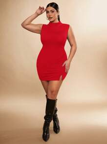 SHEIN BAE Plus Size Women Black Sleeveless Split Hem Elegant Sexy Midi Dress, Suitable For Date, Afternoon Tea, Commute, Wedding, Holiday, Party, Birthday, Valentine's Day, Formal, Gala, Beach, Club Outfits - Red - View 4