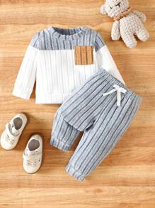 SHEIN 2 件套新生儿休闲彩色口袋舒适条纹针织圆领长袖 T 恤和松紧腰裤套装，适合春秋冬季