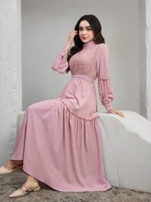 Women's Contrast Lace Long Sleeve Ruffle Hem Elegant Dress - Pink - View 7