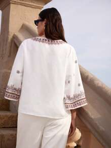 Maija Plus Size Women Summer Long Sleeves V-Neck Bohemian Prints Country Concert Tops - White - View 2