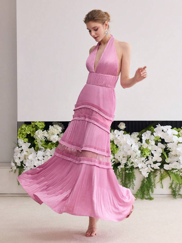 MOTF Soiréza CONTRAST LACE PLEATED HALTER DRESS