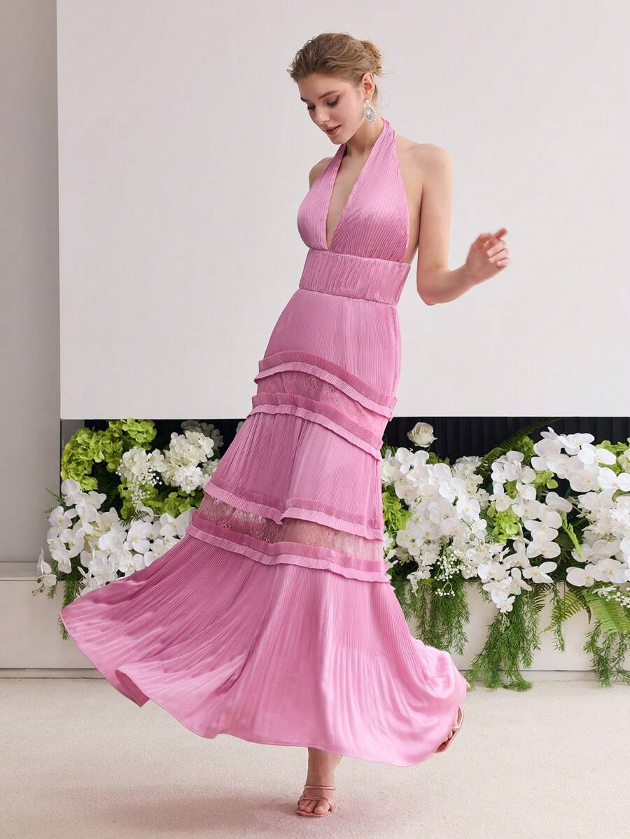 MOTF Soiréza CONTRAST LACE PLEATED HALTER DRESS - Pink - View 1