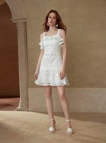 PREMIUM RUFFLE CONTRAST LACE DRESS - White - View 6