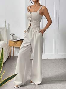 SHEIN EZwear Damskie spodnie garnitury eleganckie 2-częściowe zestawy kwadratowy dekolt guziki bez rękawów marynarka kamizelka topy i szerokie nogawki spodnie zestawy, ubrania robocze damskie
