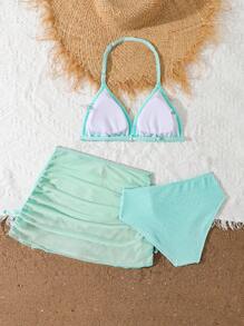 Tween 女童褶皱三件套比基尼套装，带蝴蝶结裙，时尚休闲优雅，适合游泳、度假、夏季 - 綠色 - 查看 2