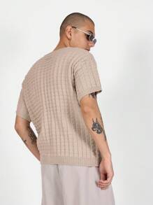 SUMWON Textured Knit Short Sleeve Sweater, Regular Fit Casual Knitwear, Square Pattern Summer Top, Classic Everyday Pullover For Spring, Light Weight Knitted T-Shirt Style - Apricot - View 2