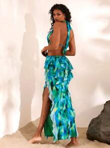 Opulessa 女式针织网眼印花细肩带开衩镂空连衣裙