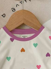 SHEIN Cute Colorful Heart Print Young Girl Casual Simple Round Neck Short Sleeve T-Shirt, Suitable For Summer