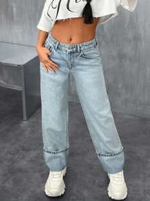 EURMUSE Gerade, lässige blaue Jeans mit tiefer Taille, minimalistisch und modisch - Mittele Waschung - Übersicht 1