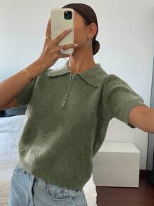 DAZY Women's Fitted Solid Color Polo Collar Zipper Short Sleeve Knit Top,Fall Clothes - Green - View 3
