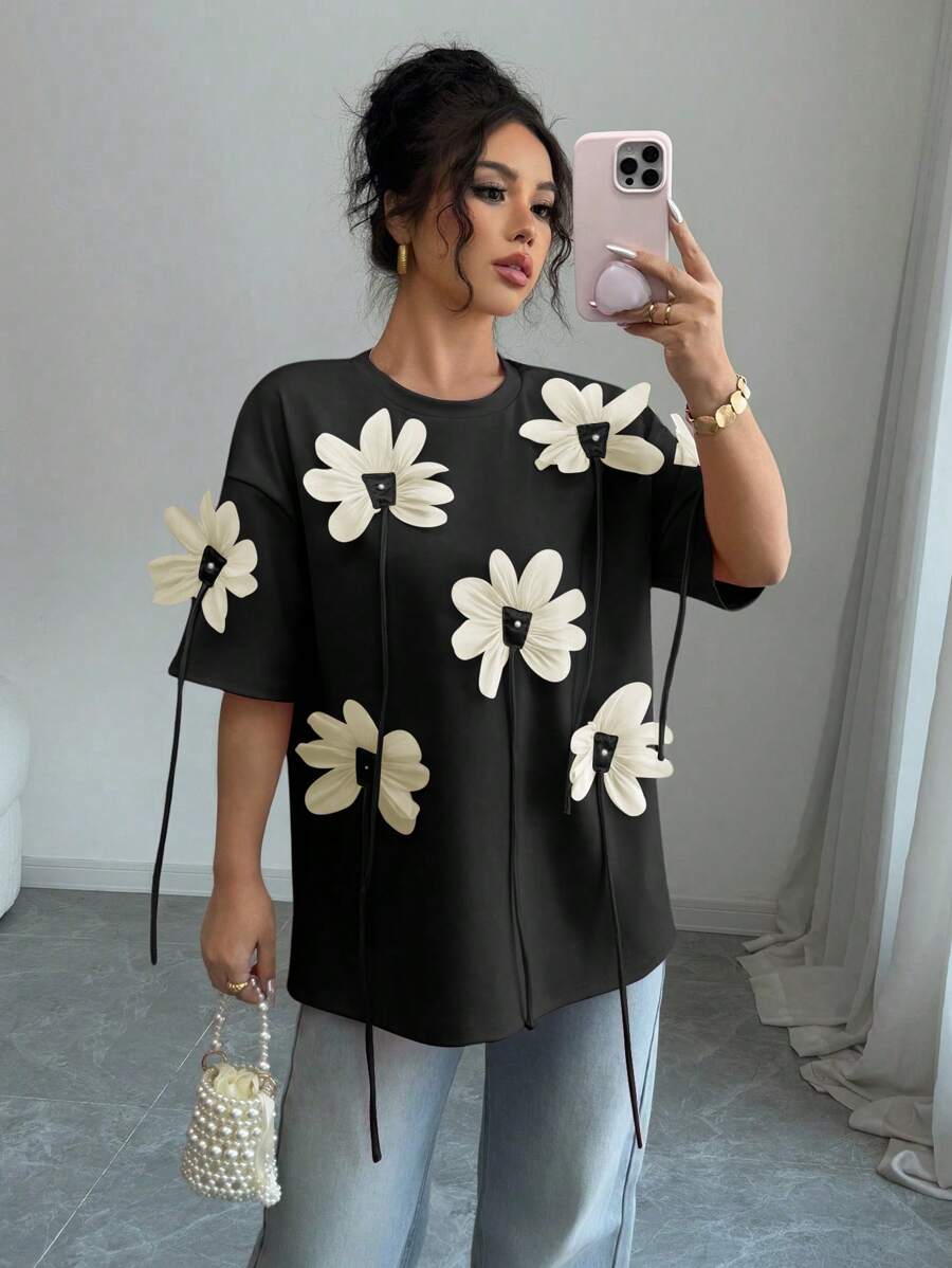 Chiquease Women's Elegant 3D Floral Print Short Sleeve T-Shirt, Valentine's Day - Black - View 1