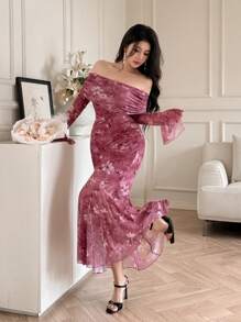 DAZY Vestido midi ajustado con hombros descubiertos, mangas largas, con volante, de estilo minimalista y elegante con estampado floral para mujer