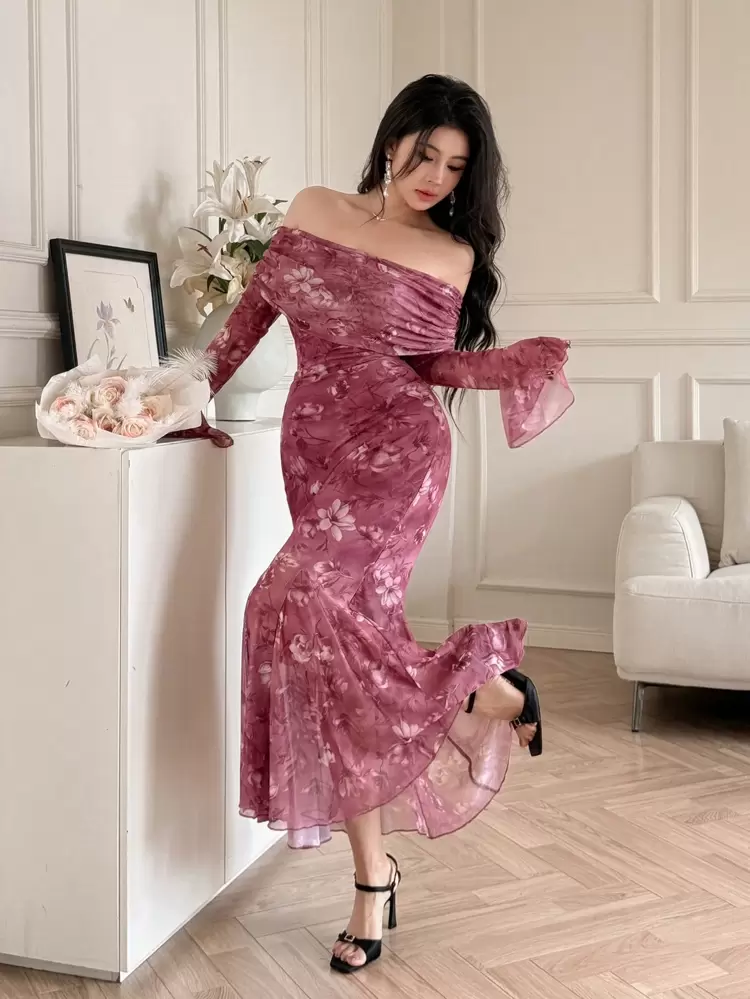 Women Off-Shoulder Long Sleeve Fitted Midi Dress, Minimalist & Fashionable Floral Elegant,Ruffle,Fall Dress Easter