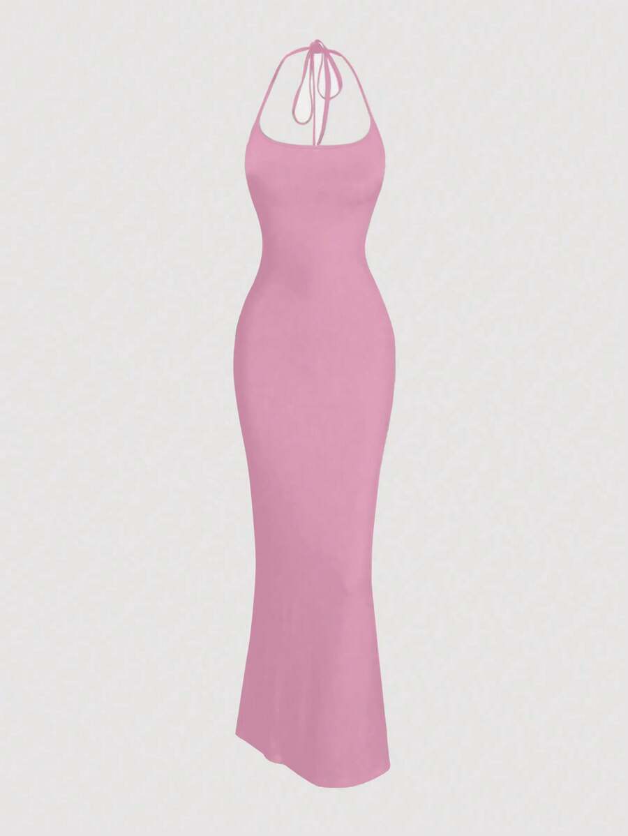 Sweetra Women's Solid Color Bodycon Fishtail Hem Elegant Halter Neck Dress Prom Dresses For Women - Coral Pink - View 1
