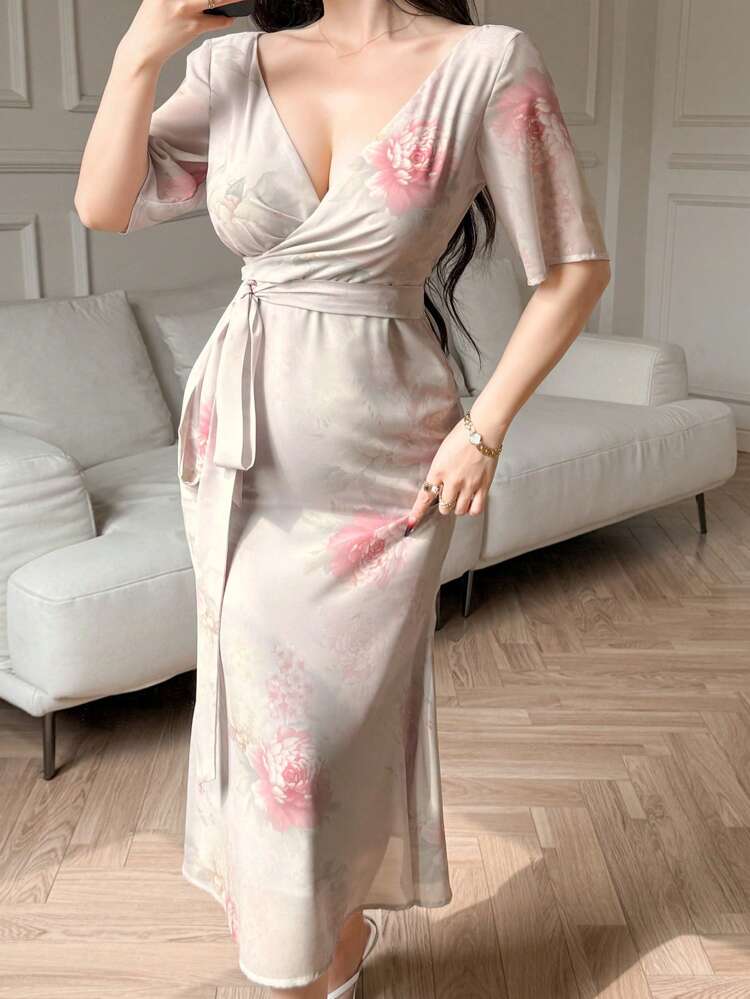 Women's Floral Print Short Sleeve Wrap Dress