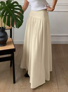 Serisse 女士长款纯色高腰百褶休闲裙 - 杏色 - 查看 3