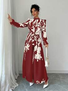 Elenzga Women Floral Print Waist Cinched Dress Maxi Women Outfit