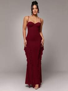 Silquee Vestido sexy y elegante de color rojo sólido con tirantes de espagueti, volantes, cola de pez, espalda descubierta, botones metálicos, flor 3D y cinta, adecuado para fiestas de cóctel, citas románticas, vestido de malla de punto, reuniones, eventos formales, vestidos de dama de honor, salidas nocturnas, vestido de Halloween, vestido de Navidad, vestido extra largo