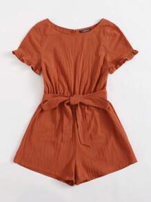 SHEIN LUNE Ruffle Trim Split Back Self Belted Romper - Burnt Orange - View 3