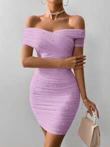 SHEIN Privé Women Open Shoulder Short Sleeve Beaded Ruched Bodycon Mini Dress - Lilac Purple - View 5