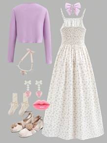 Sparklyn 2 件套青少年女孩碎花吊带连衣裙配开衫，休闲服装适合乡村度假春季 - 紫色 - 查看 2