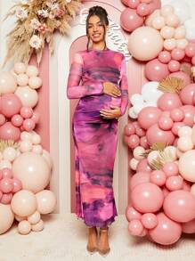 Loomaby Maternity Elegant Party Tie-Dye Print Ruched Form-Fitting Dress