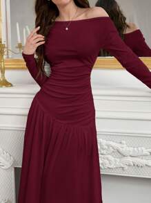 Modelyn 女士优雅魅力斜肩针织编织伞形下摆时尚连衣裙长款晚礼服 - 紅色 - 查看 4