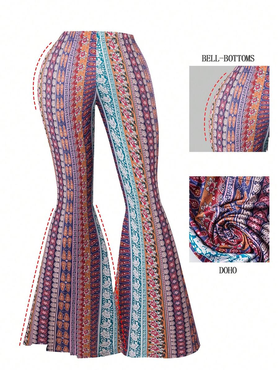 SHEIN LUNE Plus Size Women High Stretch Comfortable Paisley Striped Print Flare Pants, Bohemian Resort, Spring/Summer Womenswear, Plus Size Women Pants - Multicolor - View 1
