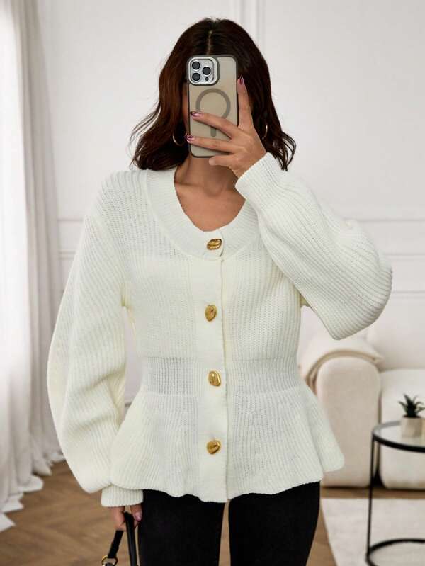 SHEIN Pulover alb pentru femei, design high-end Sense nișă cu talie tricotată cardigan, elegant pentru toamnă/iarnă