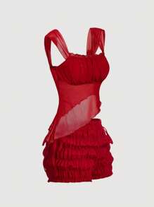 SHEIN MOD 女式红色两件套：不对称下摆修身上衣和泡泡细节低腰短裤，度假、生日、海滩、热带、派对、可爱、夏季、早午餐、春假、休闲、女式两件套 - 酒紅色 - 查看 1