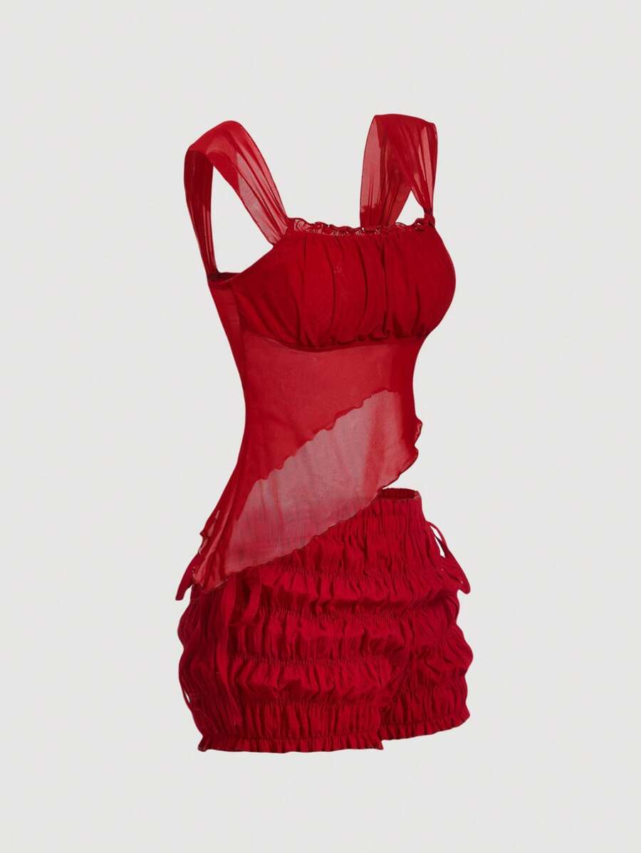 SHEIN MOD 女式红色两件套：不对称下摆修身上衣和泡泡细节低腰短裤，度假、生日、海滩、热带、派对、可爱、夏季、早午餐、春假、休闲、女式两件套 - 酒紅色 - 查看 1