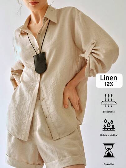 Uhlyne Fall Women Clothes Women's Casual Linen Long Sleeve Turndown Collar Woven Shirt