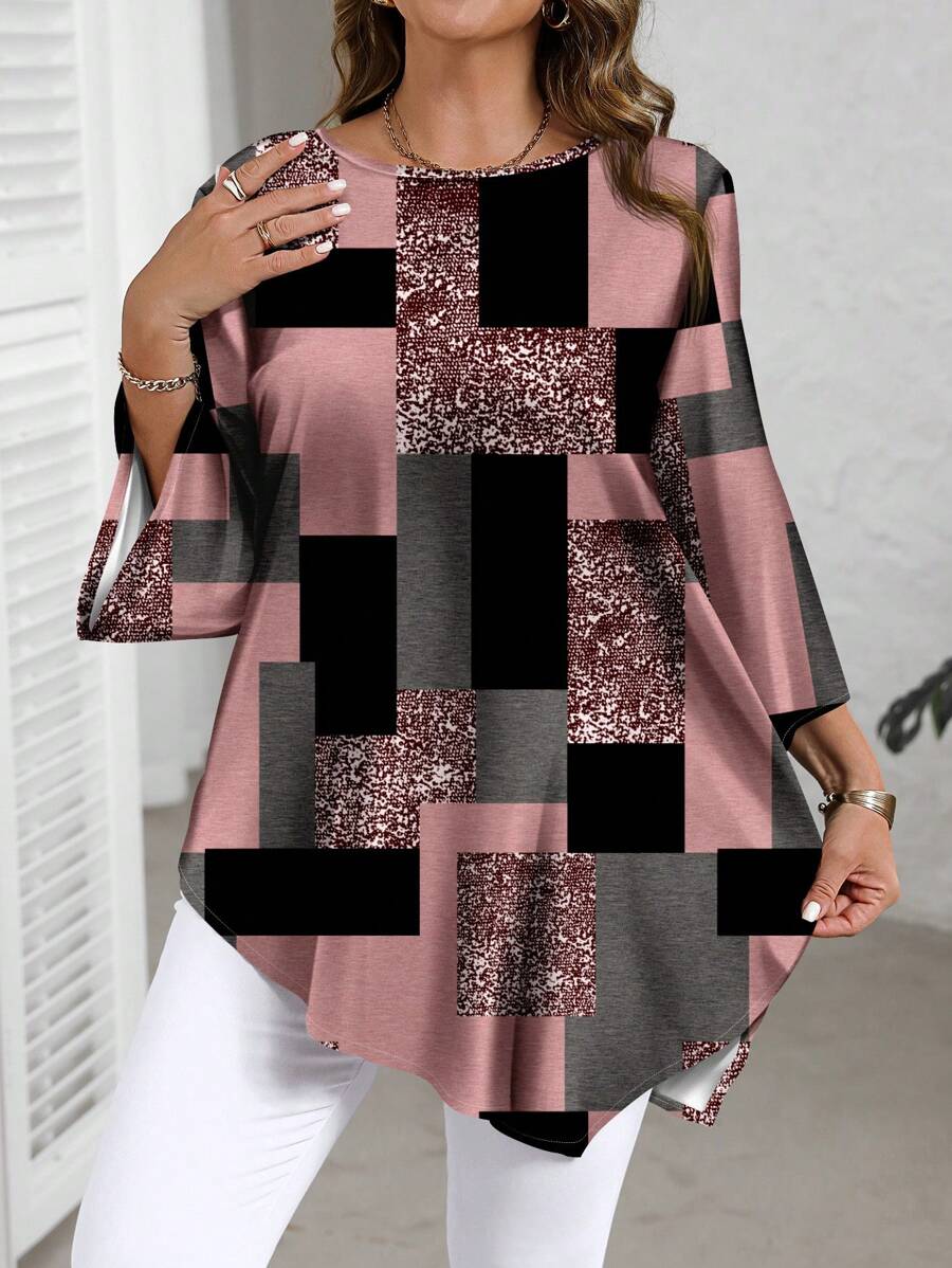 EMERY ROSE Plus Size Casual Plaid Printed Loose Shirt, Spring Autumn Chic Blouses For Women - Multicolor - View 1