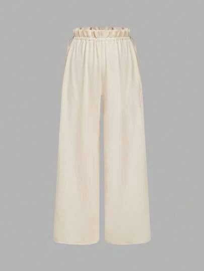 SHEIN MOD 大码杏色休闲度假荷叶边抽绳裤