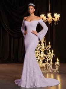 Glamrae Elegant Luxurious Off Shoulder Flared Elastic Lace Sexy Sheer Backless Mermaid Hem Maxi Dress, Suitable For Wedding, Party, Holiday, Graduation Season, Bride - Mauve Purple - View 3