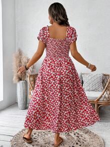 SHEIN Clasi 大码女士情人节编织印花常规春夏季度假红色短袖连衣裙，女士夏季服装，圣帕特里克节狂欢服装，节日春假服装，波西米亚风