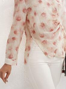 女士隨機印花簡約長袖襯衫，日常穿著