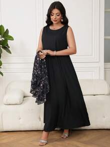 Lacomfia 2pcs/Set Plus Size Women Ditsy Floral Flowy Shirt Dress