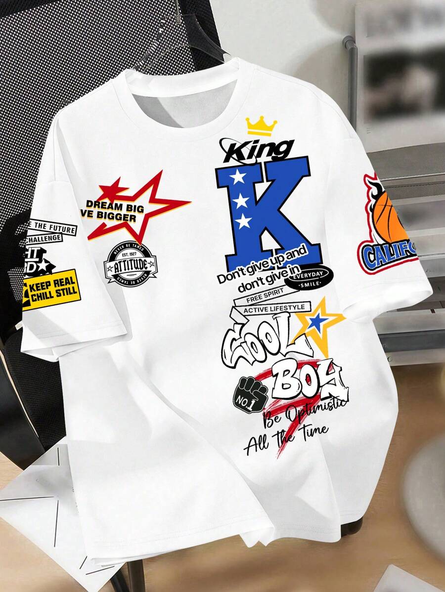 SHEIN Tween Boys' Casual Simple Short Sleeve Round Neck T-Shirt, Suitable For Summer - White - View 1