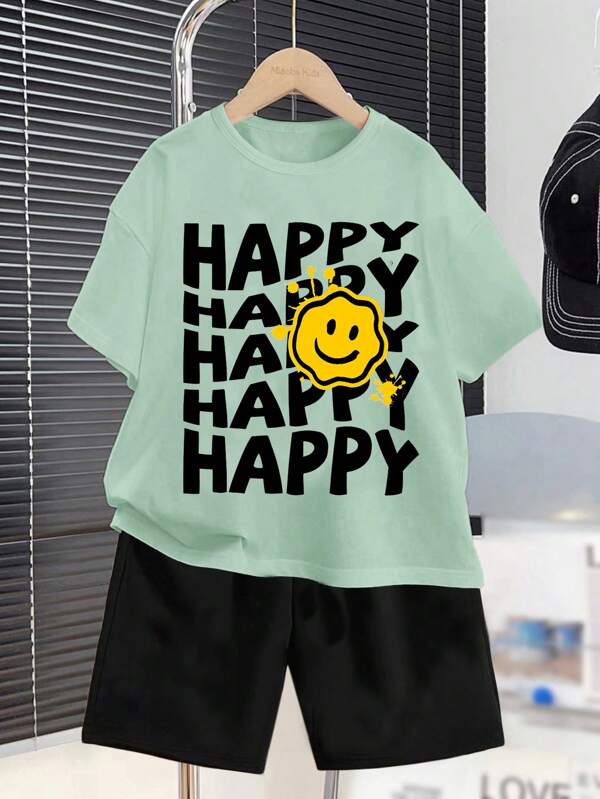 SHEIN Set de 2 piezas de camiseta de manga corta de cuello redondo y pantalones cortos informales y sencillos para niños, para el verano