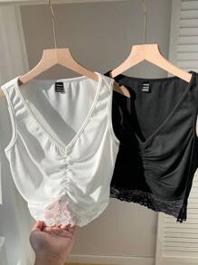 Comfortcana Women's Summer V-Neck Lace Trim Solid Color Tank Top, 2 Packs, Suitable For Daily Wear - Black and White - View 1