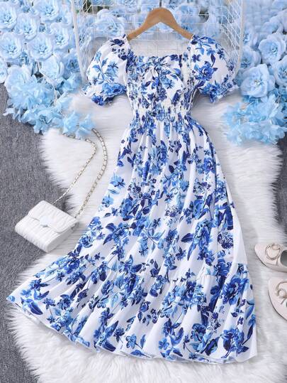 WESTFADE Young Tween Girls Floral Print Bowknot Short Sleeve Dress