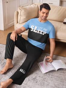 CoupledUp 2 件套男士休闲字母印花拼布睡衣套装，情侣家居服 - 彩色 - 查看 6